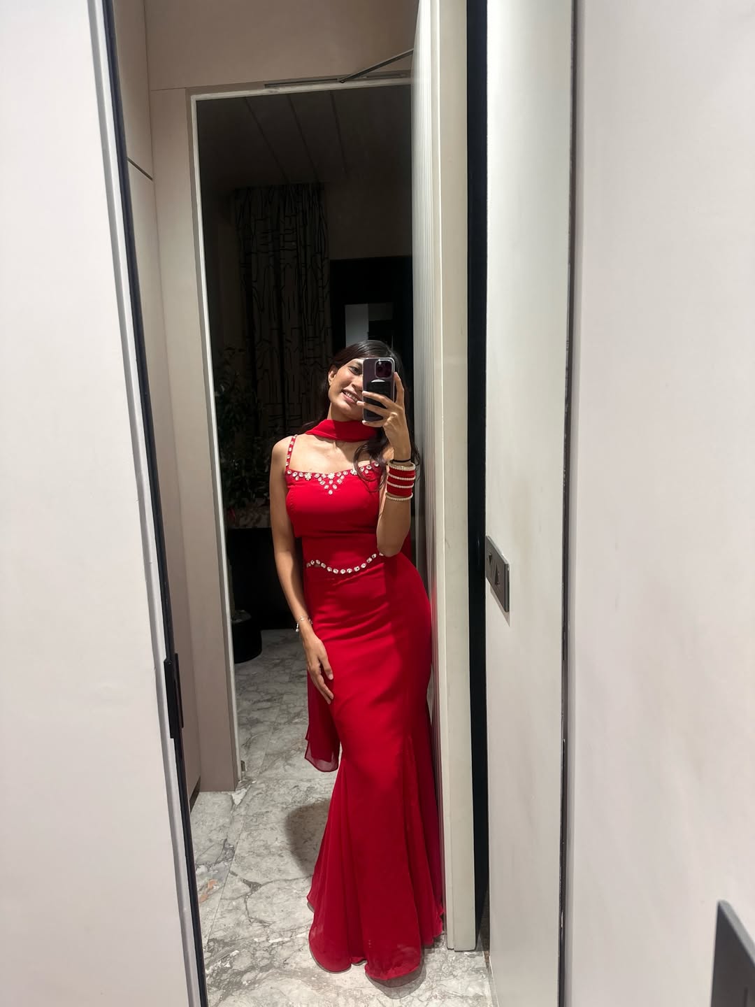 Timeless flowy gown in bold red elegance with dupatta