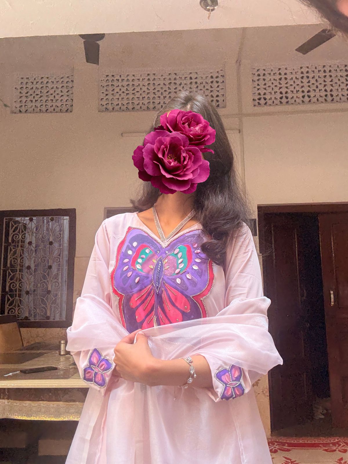 Hand-Painted Butterfly Pastel Pink Kurta Set for Women with Dupatta β Artistic Ethnic Wear