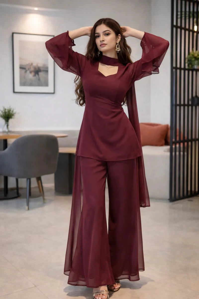 Wine Georgette Kurti Set with Palazzo & Dupatta for Women