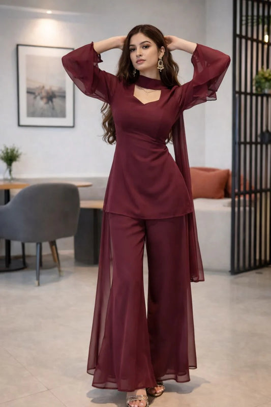 Wine Georgette Kurti Set with Palazzo & Dupatta for Women