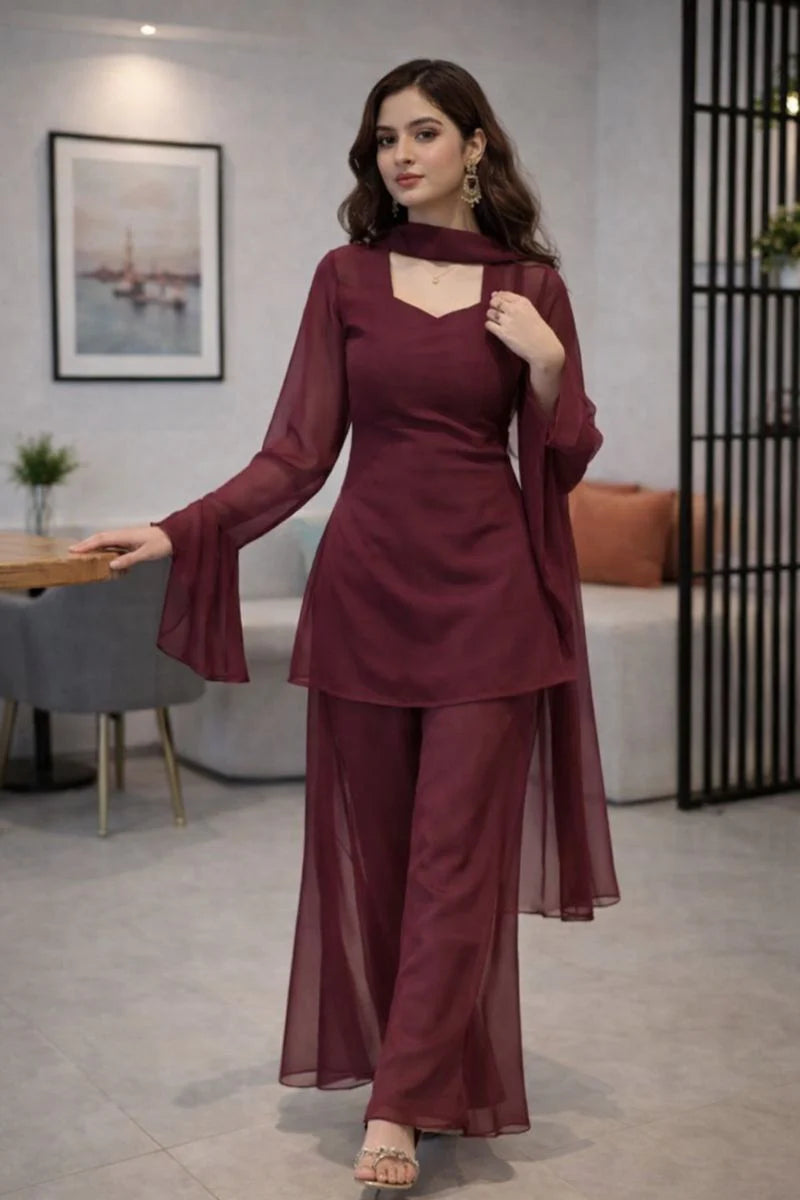 Wine Georgette Kurti Set with Palazzo & Dupatta for Women