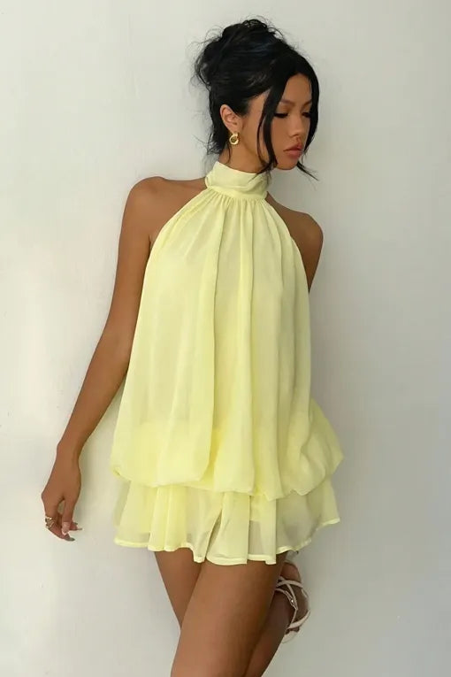 Light Yellow Solid Halter Neck Mini Dress