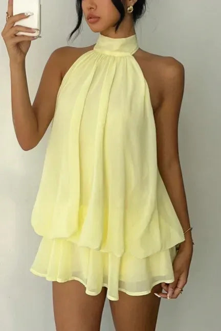Light Yellow Solid Halter Neck Mini Dress