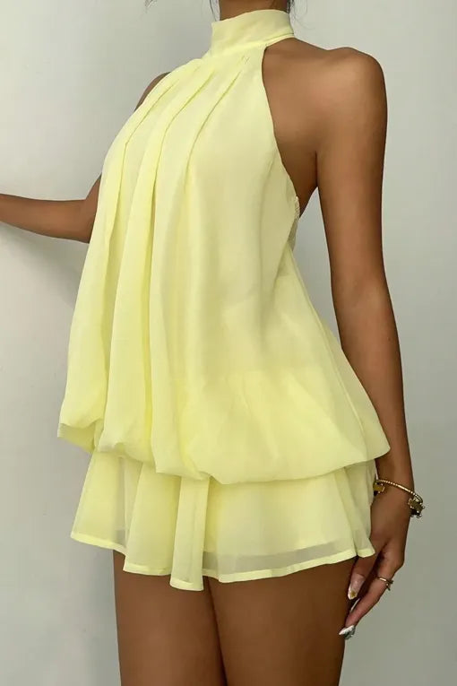 Light Yellow Solid Halter Neck Mini Dress