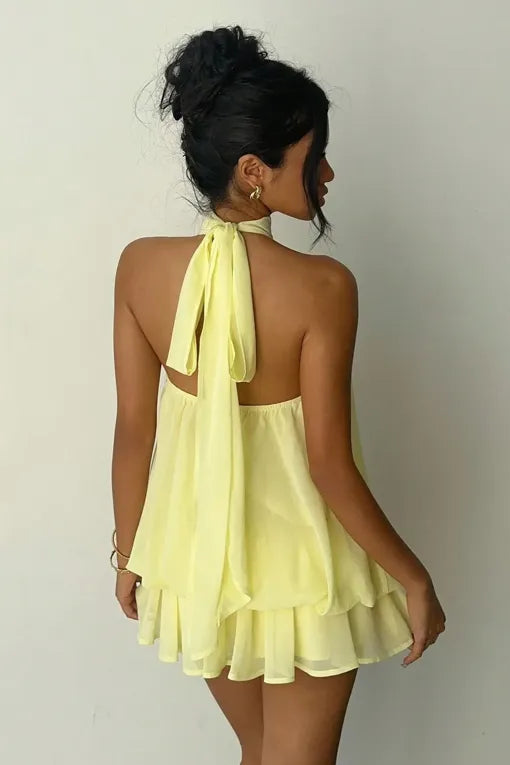 Light Yellow Solid Halter Neck Mini Dress