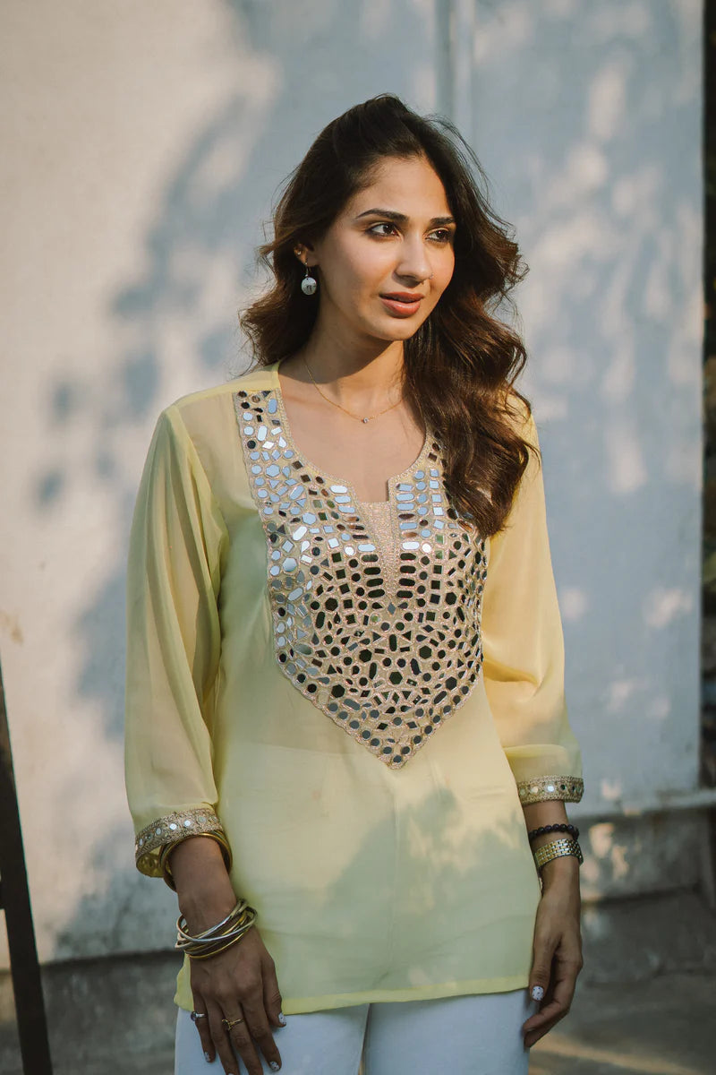 Elegant Yellow Kurti with Mirror Embroidery – Lightweight Party Wear