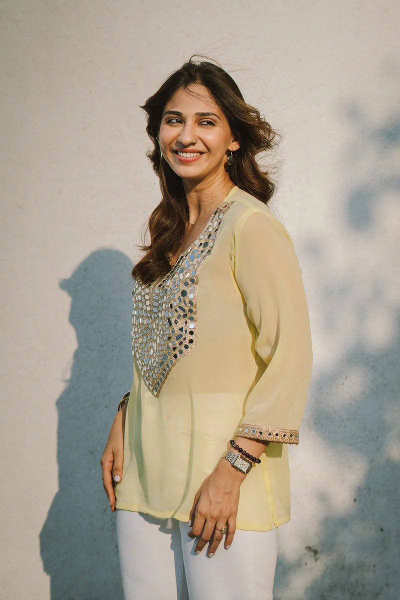 Elegant Yellow Kurti with Mirror Embroidery – Lightweight Party Wear