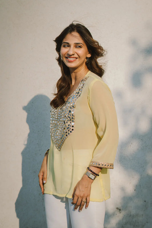 Elegant Yellow Kurti with Mirror Embroidery – Lightweight Party Wear