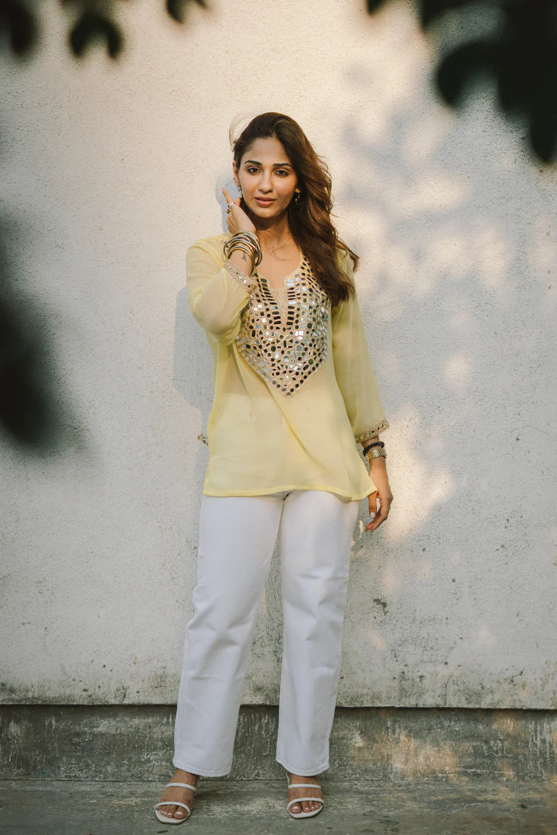 Elegant Yellow Kurti with Mirror Embroidery – Lightweight Party Wear