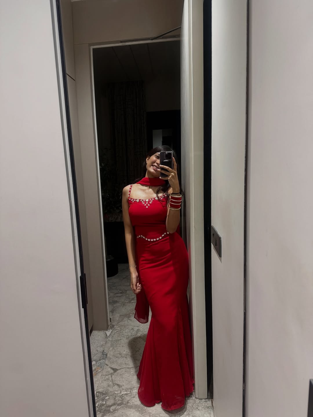 Timeless flowy gown in bold red elegance with dupatta