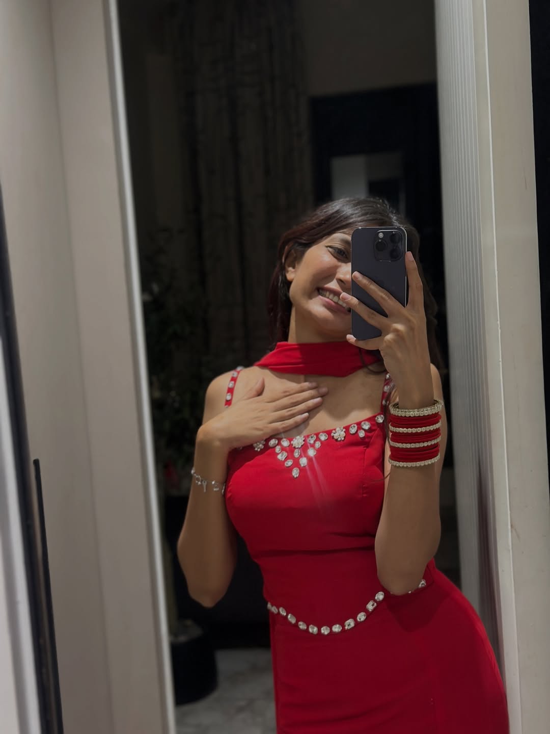 Timeless flowy gown in bold red elegance with dupatta