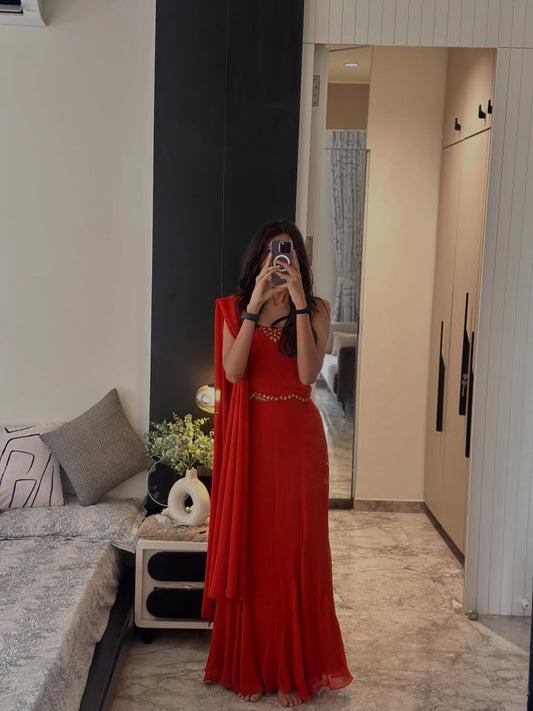 Timeless flowy gown in bold red elegance with dupatta