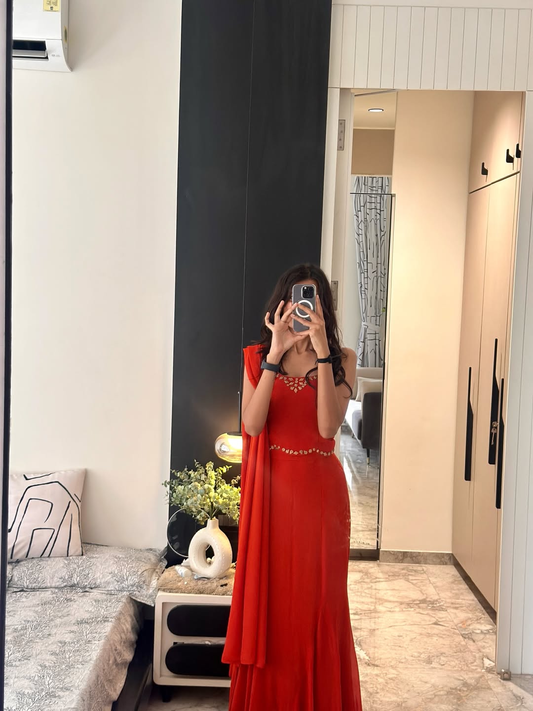 Timeless flowy gown in bold red elegance with dupatta