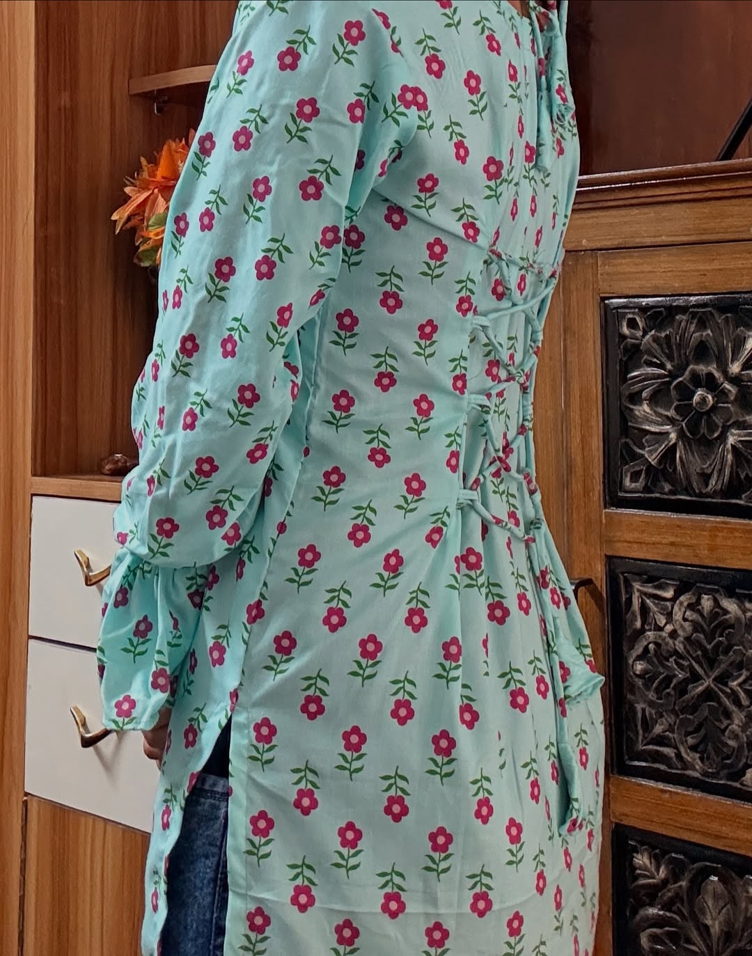 Mint Floral Cross-Neck Kurti