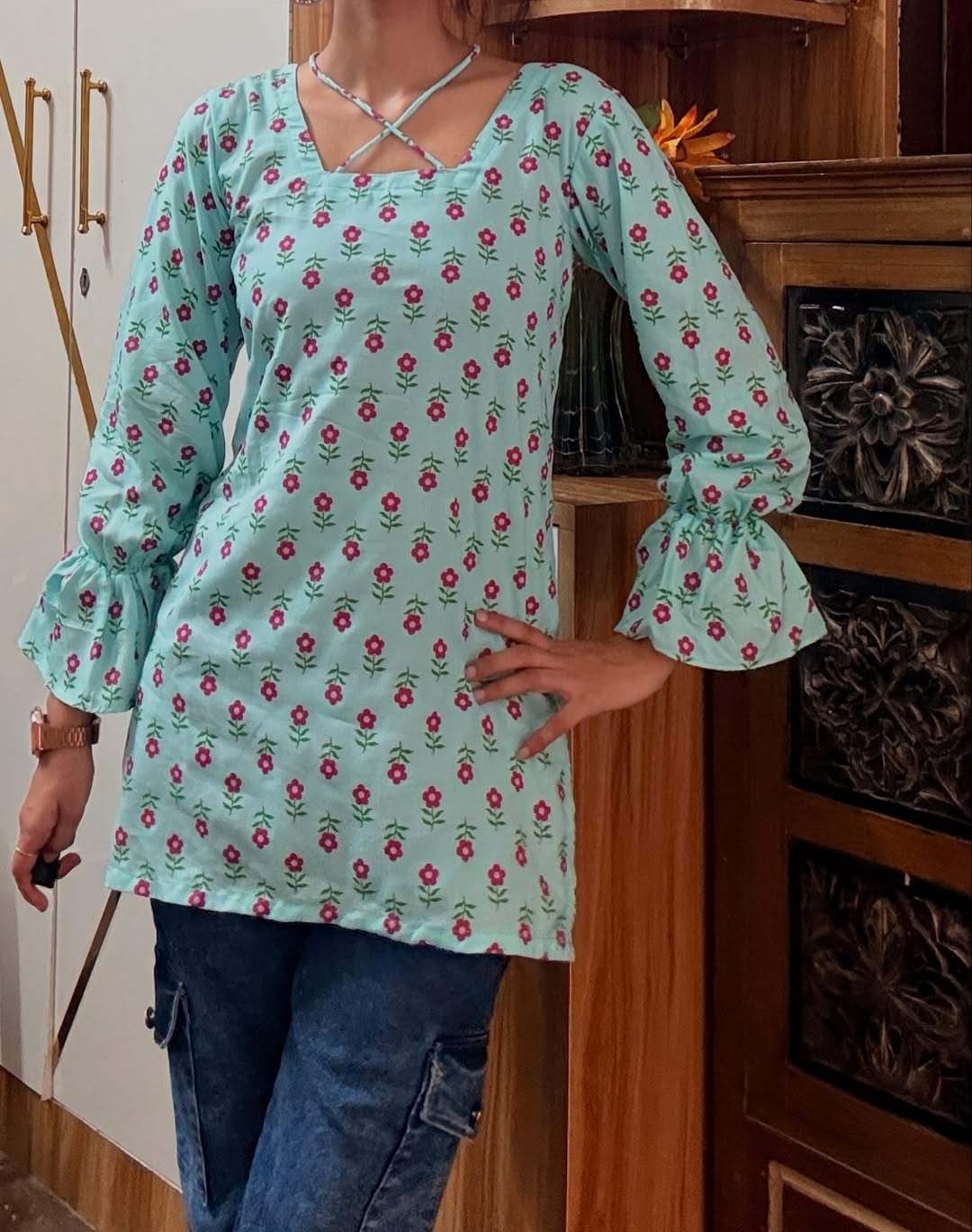 Mint Floral Cross-Neck Kurti
