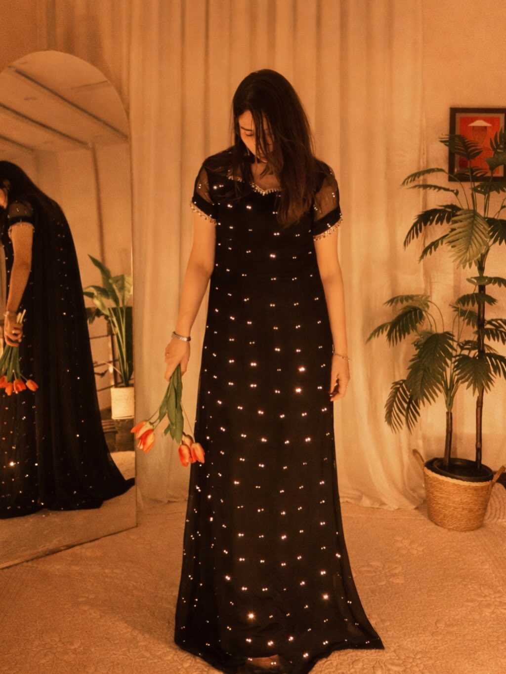 Premium Party Wear Long Dress with Sheer Sleeves