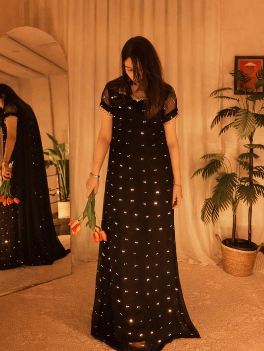 Premium Party Wear Long Dress with Sheer Sleeves