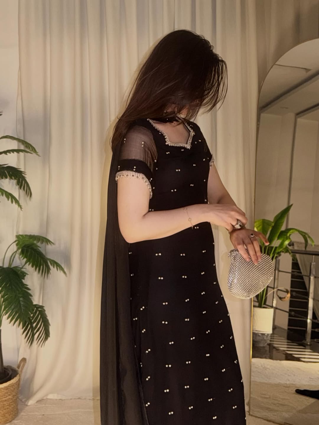 Premium Party Wear Long Dress with Sheer Sleeves