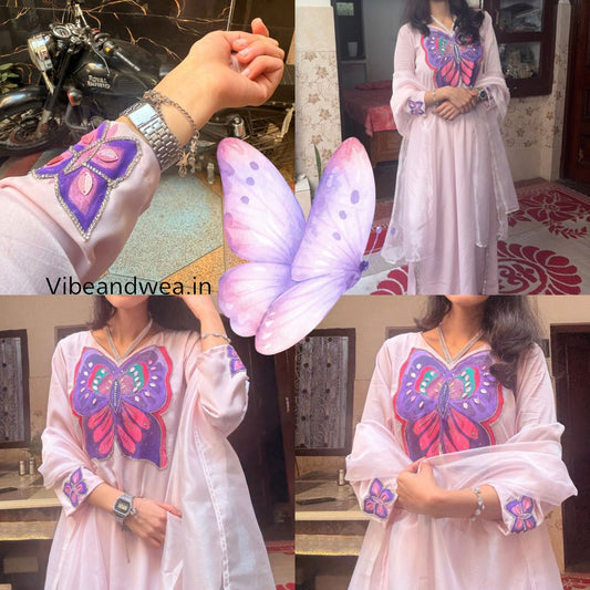 Hand-Painted Butterfly Pastel Pink Kurta Set for Women with Dupatta – Artistic Ethnic Wear