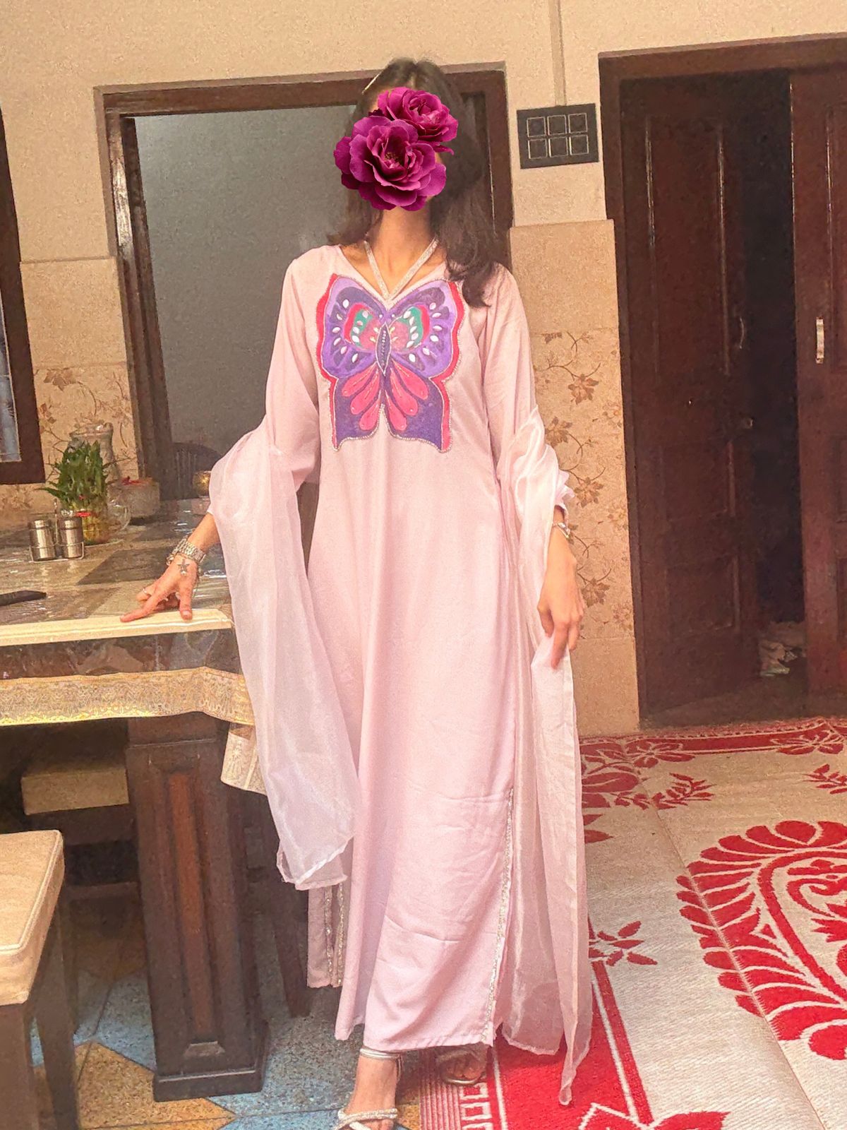 Hand-Painted Butterfly Pastel Pink Kurta Set for Women with Dupatta – Artistic Ethnic Wear