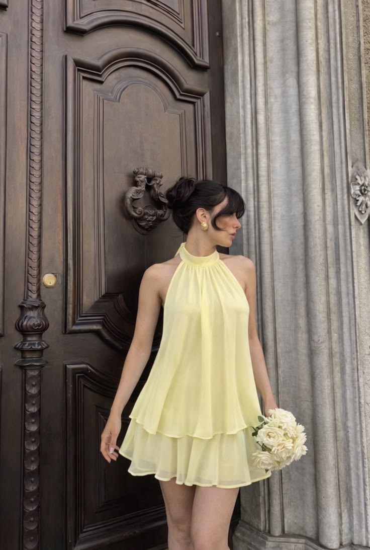 Light Yellow Solid Halter Neck Mini Dress