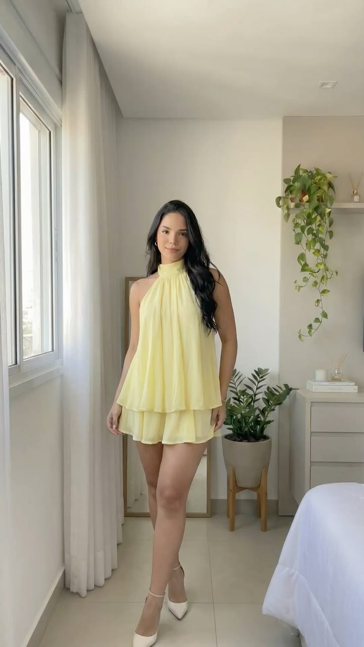 Light Yellow Solid Halter Neck Mini Dress