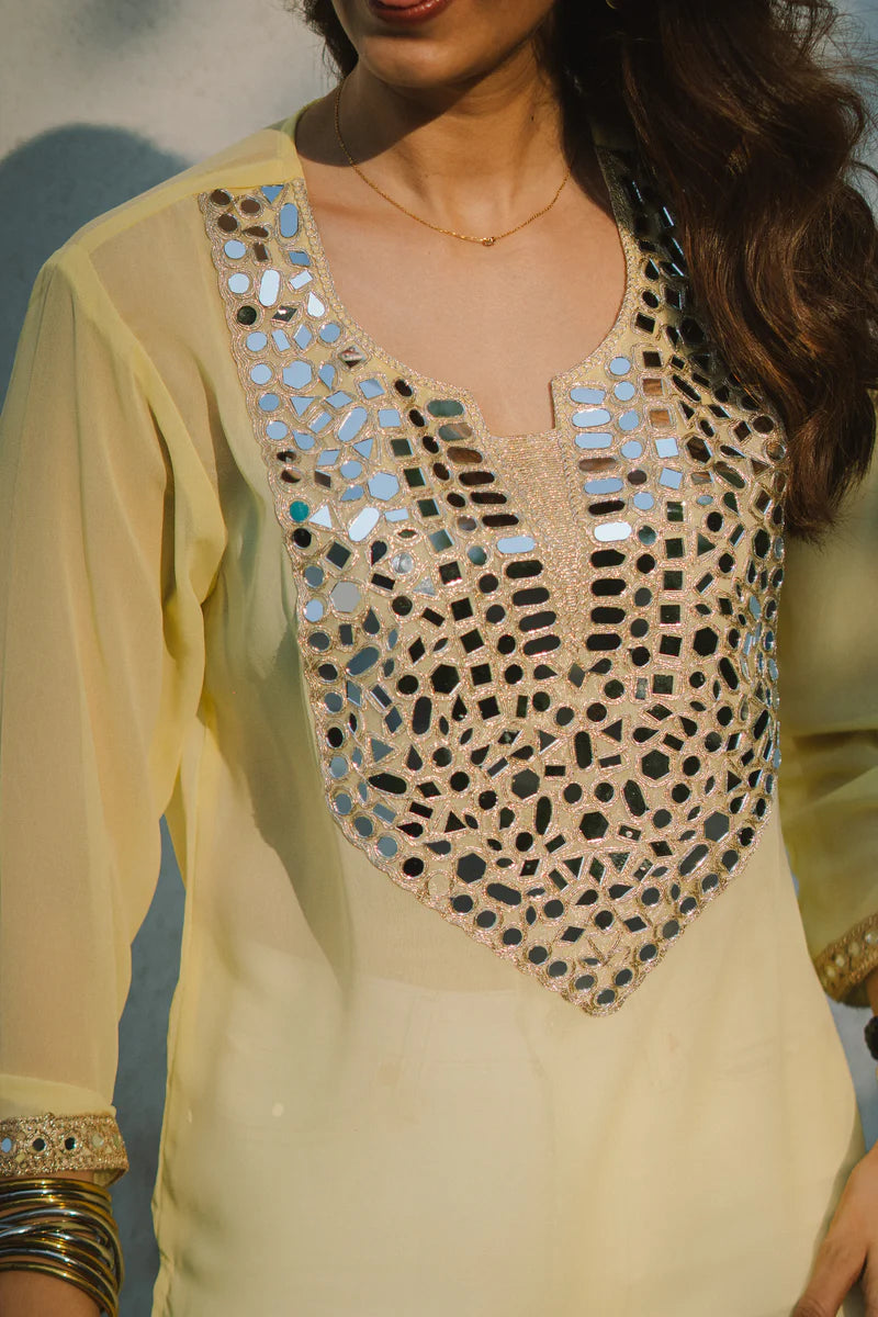 Elegant Yellow Kurti with Mirror Embroidery – Lightweight Party Wear